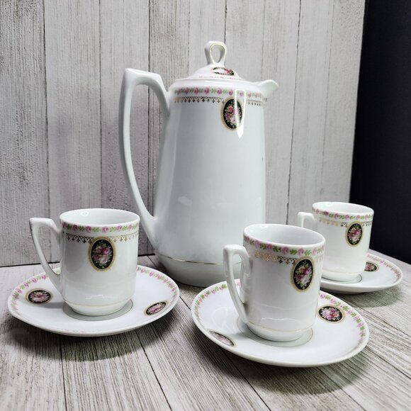 Vintage Bavaria Chocolate Tea Set Porcelain Victorian Gold Trim Pink Roses - Picture 3 of 10